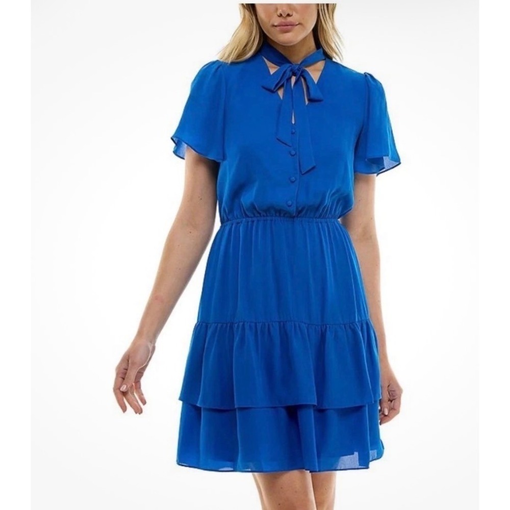 Nanette Lepore Royal‎ Blue Tie Neck Tiered Ruffle Mini Dress Size 8 NEW